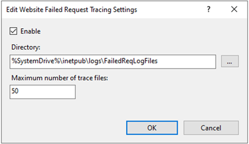 Screenshot of the Edit Web Site Failed Request Tracing Settings dialog.