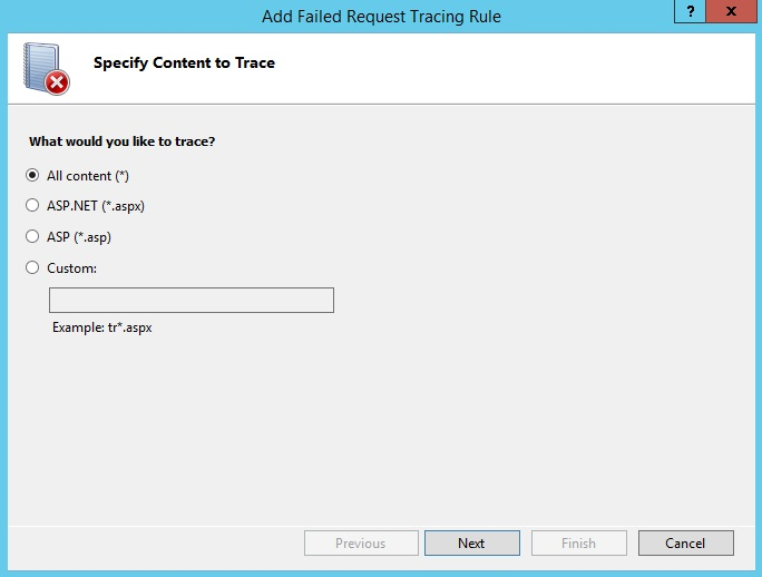 Screenshot shows Add Failed Request Tracing Rule Wizard. All content option is selected on the Specify Content to Trace page.