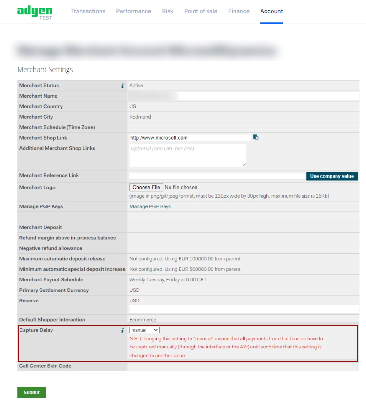 Screenshot that shows the Capture Delay setting in the Adyen portal.