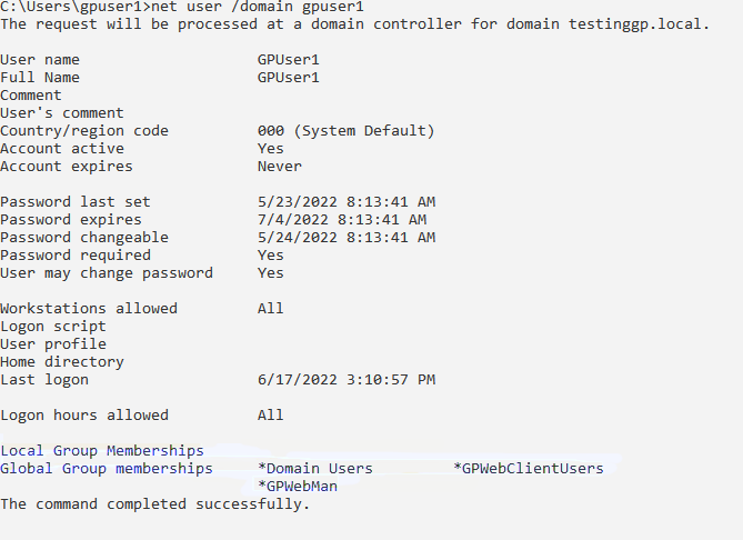 An example of how to get the group membership by running the net user command.