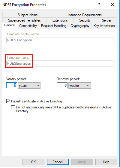 Screenshot of NDES Encryption properties, showing the template name.