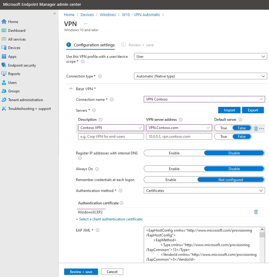 Screenshot that shows how to create a VPN profile for Windows.