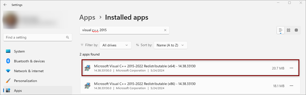 Screenshot that shows how to find and uninstall Microsoft Visual C++ 2015-2022 Redistributable.