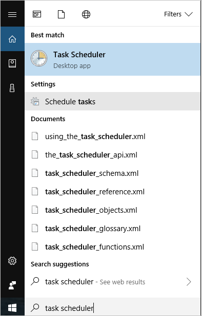 Screenshot of the Task Scheduler Desktop app option in the search bar of the Start menu.