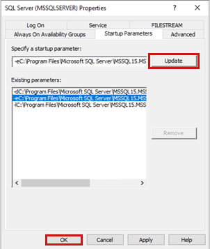 Screenshot of the Startup Parameters tab which shows the folder path can be updated by using the Update button.