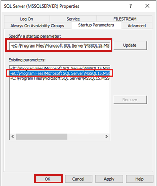 Screenshot of the Startup Parameters tab of the SQL Server (MSSQLSERVER) Properties dialog box.