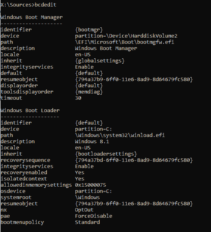 Screenshot of the bcdedit output with detailed information of Windows Boot Loader.