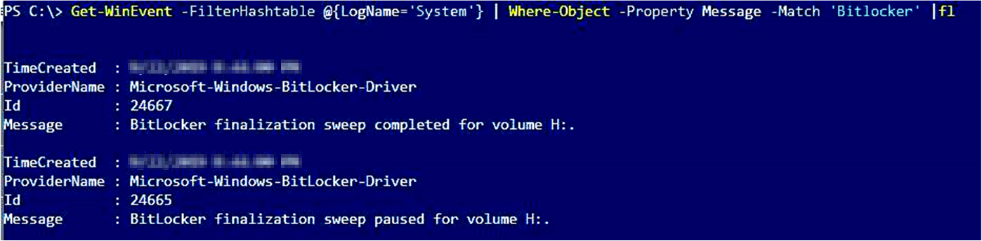 Screenshot of output that is produced by using Get-WinEvent and a BitLocker filter.