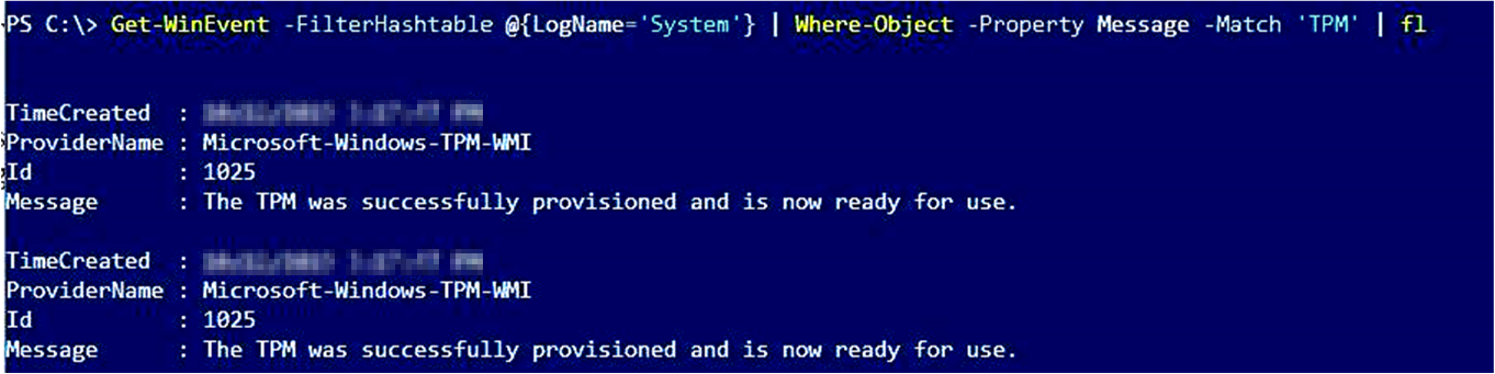 Screenshot of output that is produced by using Get-WinEvent and a TPM filter.