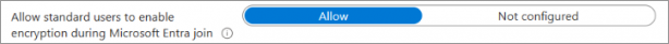 Screenshot of the Intune policy setting showing Allow standard users to enable encryption during Microsoft Entra join.