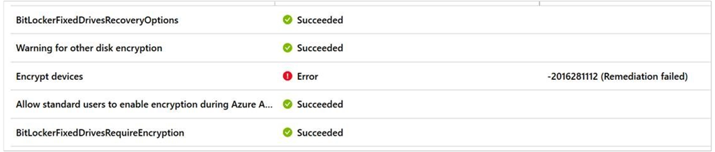 Screenshot showing the BitLocker status indictors on the Intune portal.