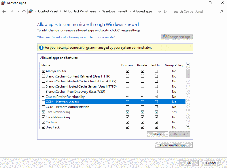 The COM+ Network Access check box in the Allowed apps and features list.