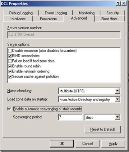 Screenshot of the server properties with the Enable automatic scavenging of stale records checkbox selected on the Advanced tab.