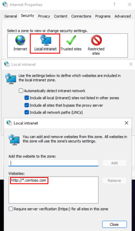 Screenshot of Internet Properties, which shows all the websites are a part of the local intranet zone.