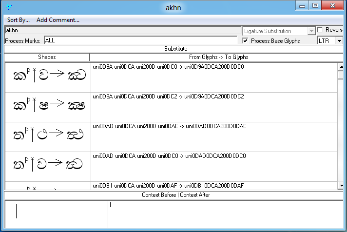 Screenshot that shows the 'a k h n' feature is used to create all required ligatures including touching consonants used in Pali and Sanskrit.