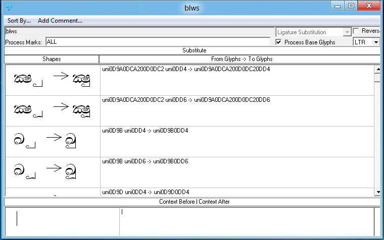 Screenshot that shows the 'b l w s' feature is used to substitute ligatures involving a base glyph and a below mark.