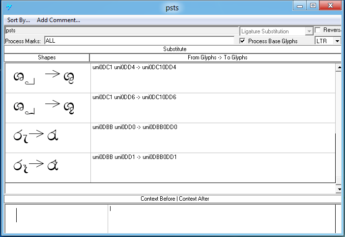 Screenshot that shows the 'p s t s' feature is used to substitute ligatures involving a base glyph and a post-base element.