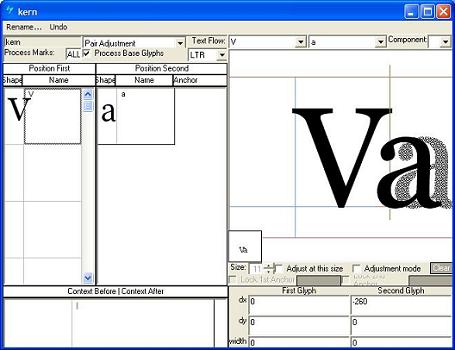 Screenshot that shows the 'kern' feature is used to adjust amount of space between glyphs, generally to provide optically consistent spacing between glyphs.
