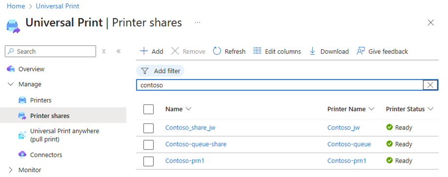 A screenshot of a the "add printer share button" in the Universal Print portal.