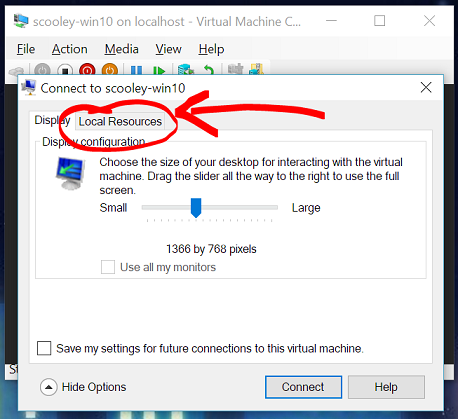 Screenshot of the connection pop up with the Local Resources tab emphasized.