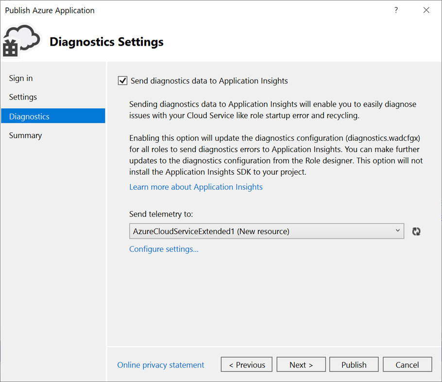 Screenshot that shows the Diagnostics Settings pane.