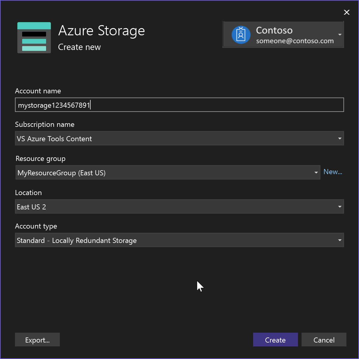 New Azure Storage account.