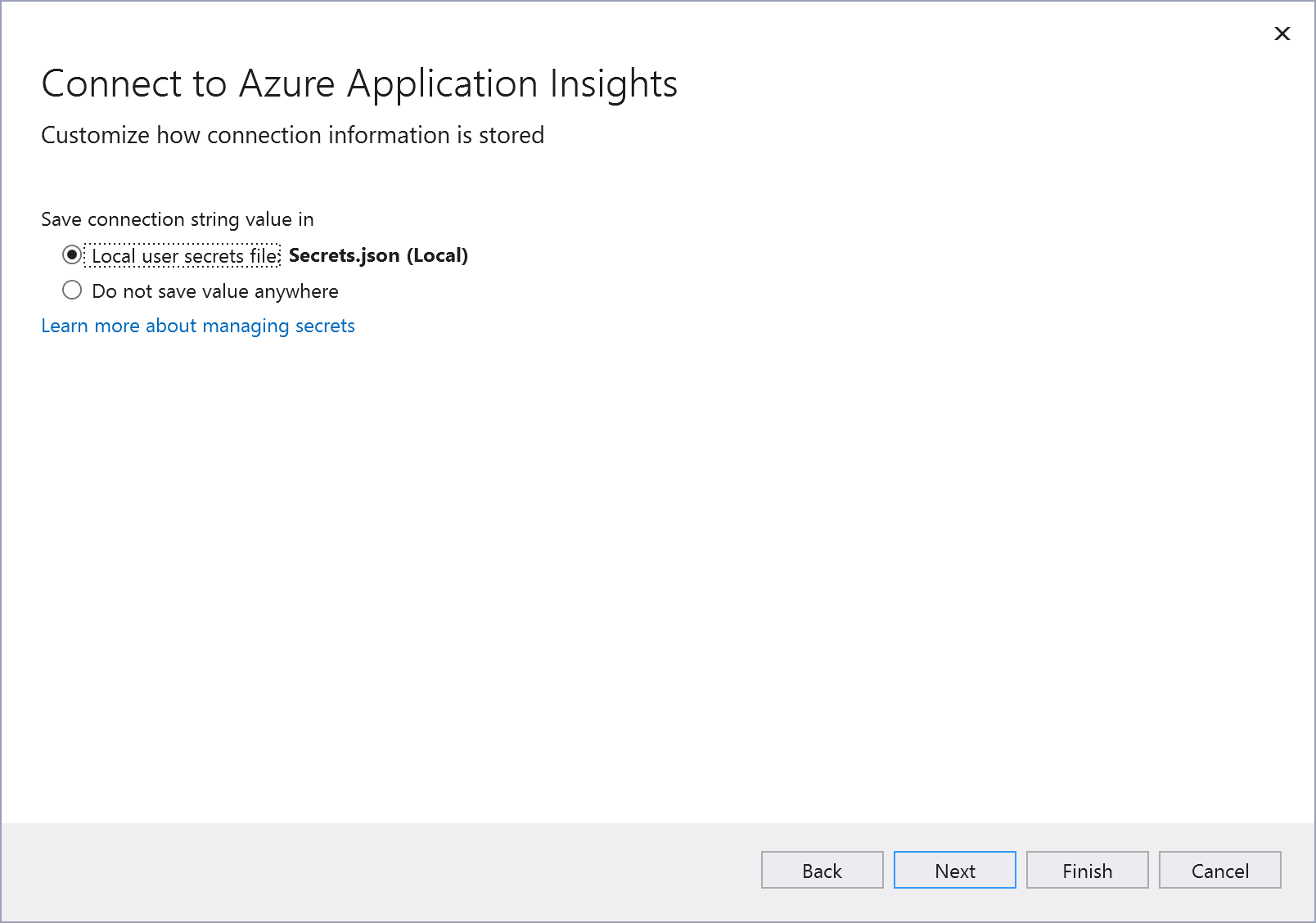 Screenshot showing Connect to Application Insights - additional settings screen.