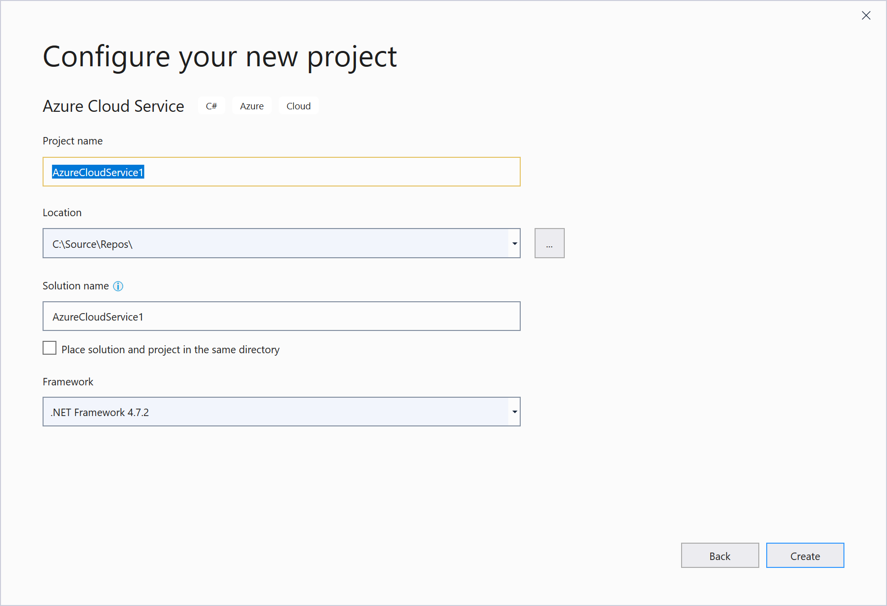 Screenshot showing creating an Azure Cloud Services (extended support) project, and giving the project a name.