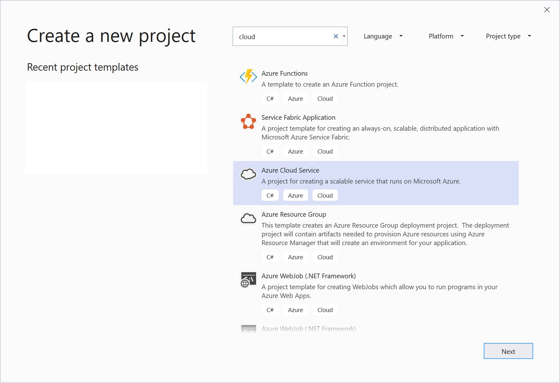 Screenshot showing how to create a new Azure Cloud Services (extended support) project.