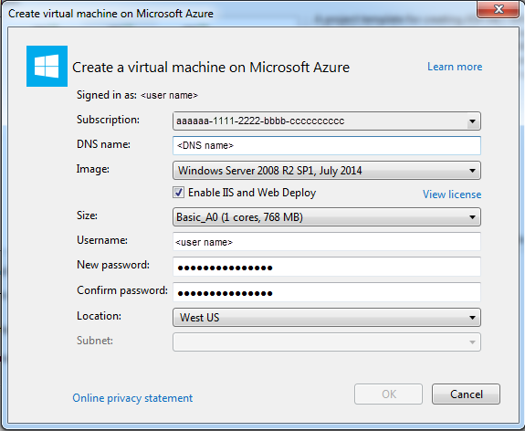 Create virtual machine on Azure dialog box