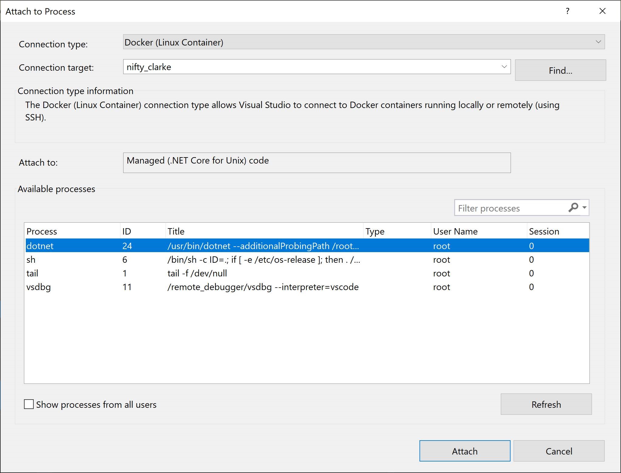 Screenshot of Attach to Process dialog box.