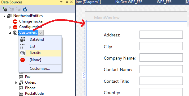 Screenshot showing Customers data source binding to individual controls.