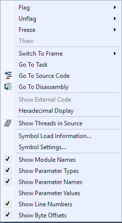 Screenshot of Shortcut menu in Parallel Stacks window.