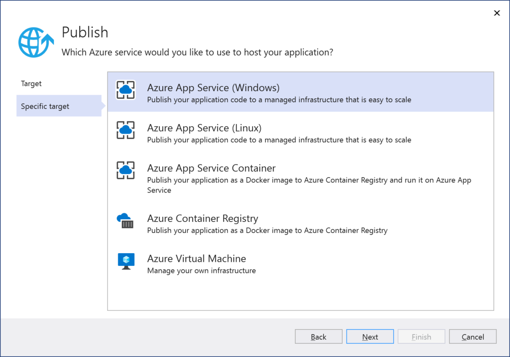 Screenshot of Choose an Azure service.