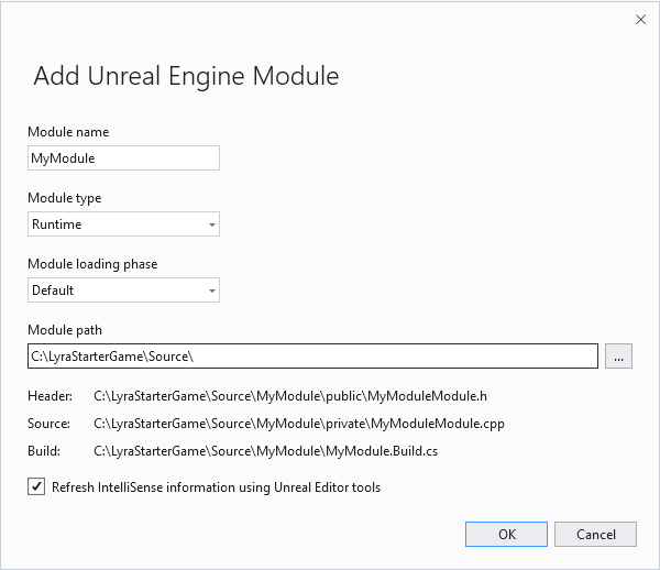 A screenshot of the Add Unreal Engine Module dialog.