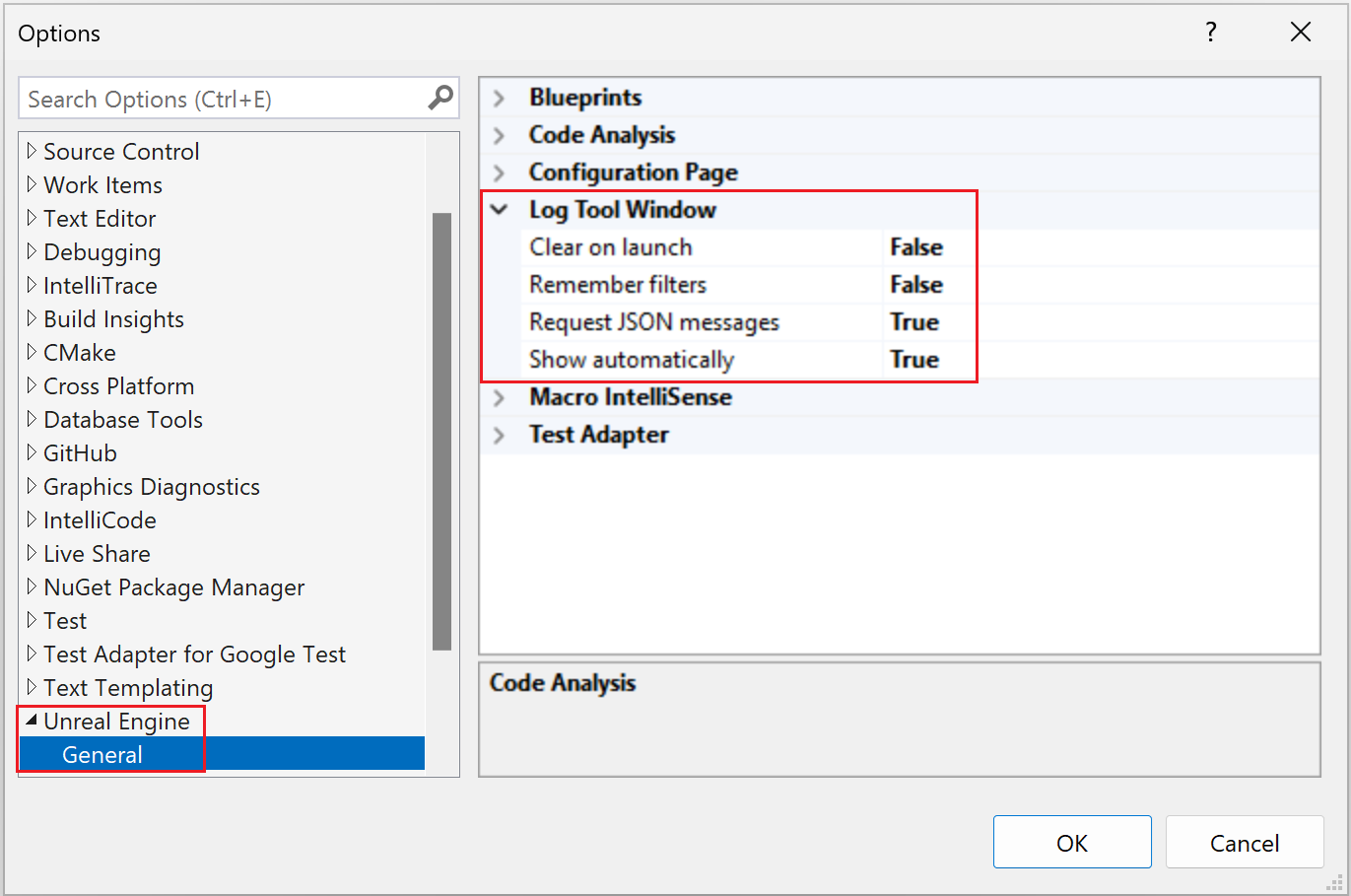 A screenshot of the Unreal Engine Log window options.