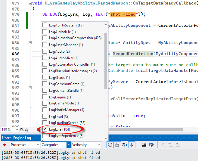 A screenshot of the Unreal Engine Log window showing 'shot fired' events and the Categories dropdown with LogLyra selected.