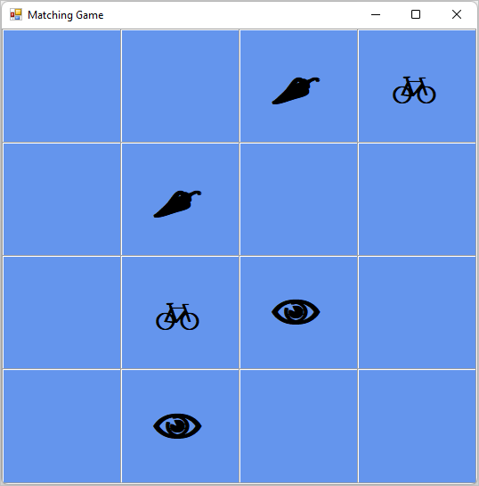 Screenshot of the game that you create. Several matching icons are displayed in a grid.