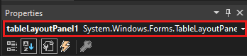 Screenshot shows the Properties window showing the TableLayoutPanel control.