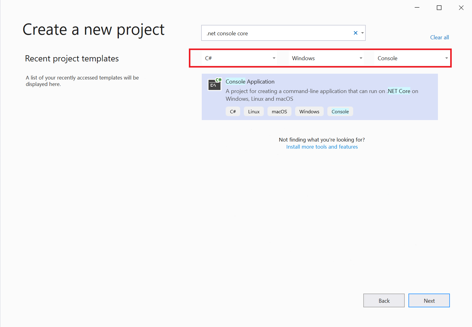 Screenshot of the 'Create a new project' window in Visual Studio 2019, where you select the template that you want.