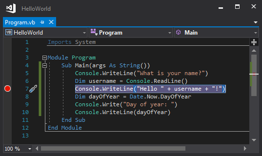 Screenshot that shows a breakpoint on a line of code in Visual Studio.