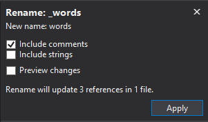 Screenshot of the Rename window for the variable '_words'. The Include comments checkbox is selected.