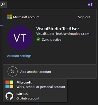 Screenshot of using Add another account option to add a GitHub account.