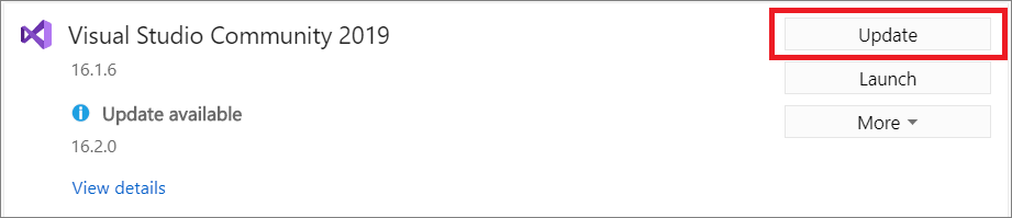 Screenshot showing the Update button in the Visual Studio installer that can be used to update to a Visual Studio 2019 installation.