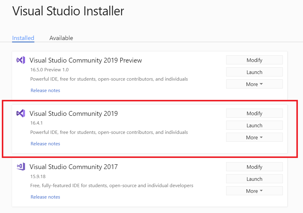 Screenshot of a list of Visual Studio installations in the Visual Studio Installer.