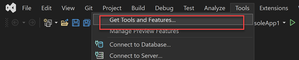 Screenshot of the Visual Studio 2022 tools menu. Get Tools and Features is highlighted.