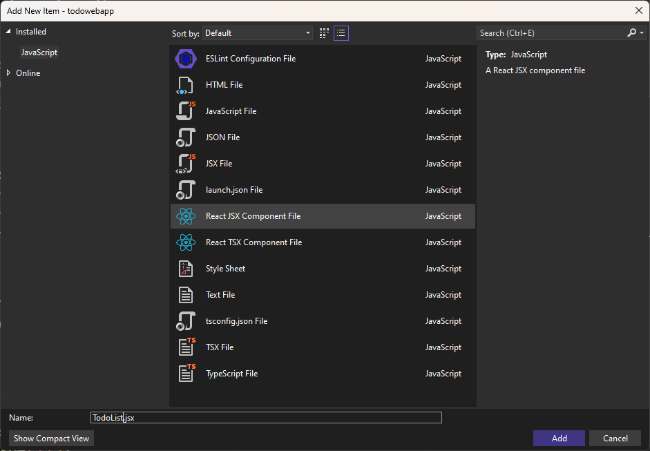 Screenshot showing adding a JSX component.
