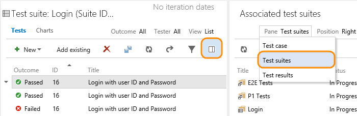 Select test case; view test details pane; select test suites