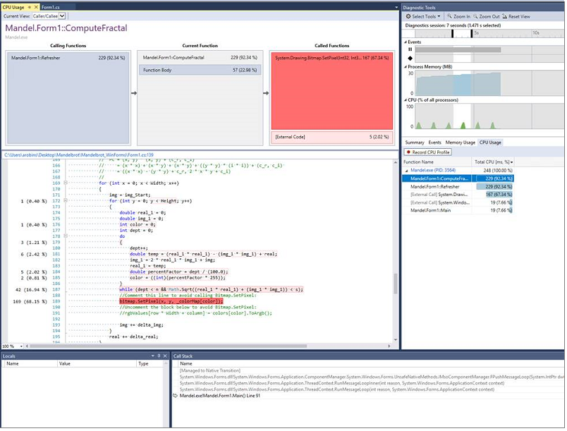 CPU Usage tool with source line highlighting