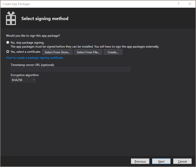 UWP signing packaging wizard